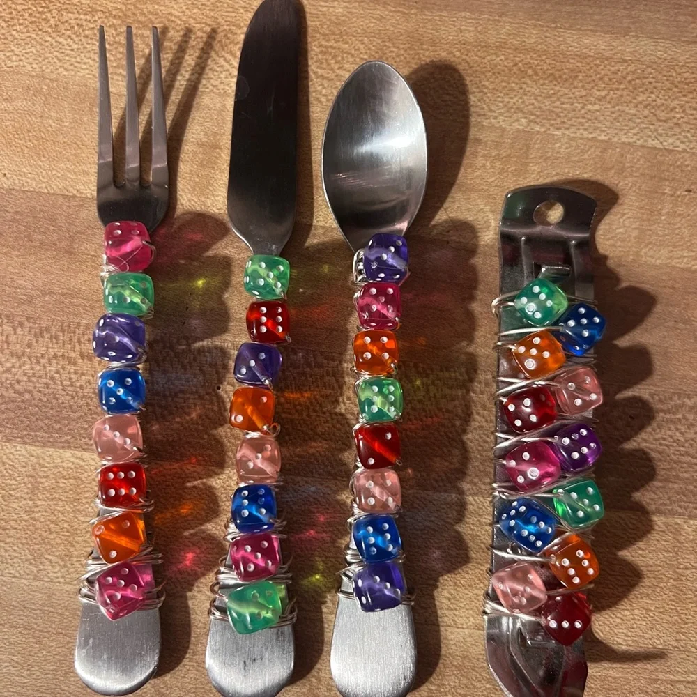 Artsy Colored Dice Charcuterie Utensils with Bottle Opener 4 Piece